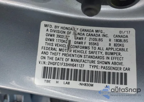 2017 Honda Civic Ex-T z USA, uszkodzony, nr VIN 2HGFC1F33HH641127